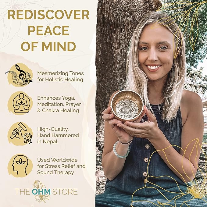 Tibetan Singing Bowl Set with Healing Mantra Engravings — Yoni Meditation Sound Bowl Handcrafted in Nepal — Yoga, Chakra Healing, Stress Relief, Mindfulness