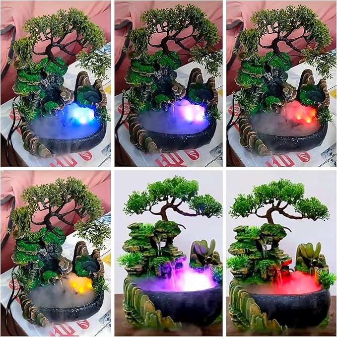 Tabletop Rockery Fountain Indoor Waterfall Bonsai Desktop Mini Rockery Water Fountain with Automatic Pump and LED Light, Home Office Bedroom Humidifier Desk Decorate (Style 1) - Bloomnest