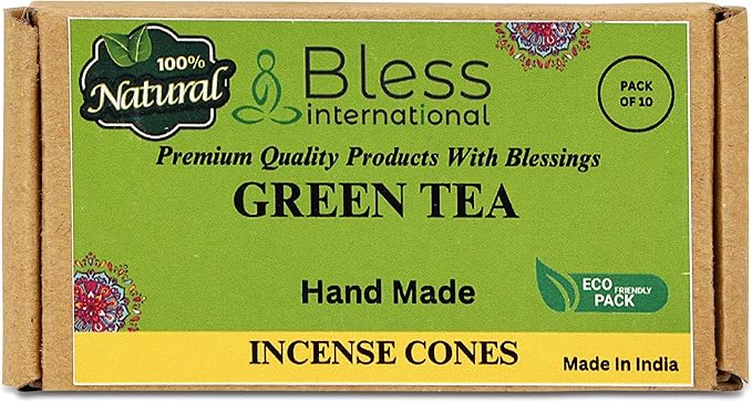 Bless International Green-Tea 100%-Natural-Incense-Cones Handmade-Hand-Dipped Organic-Chemicals-Free for-Purification-Relaxation-Positivity-Yoga-Meditation The-Best-scents (10 Count)