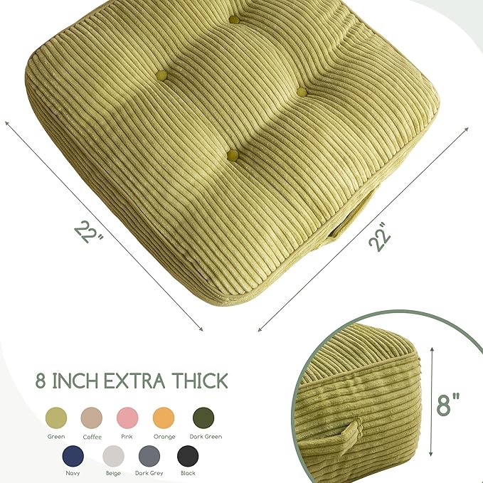 8" Washable Floor Pillow Cushion for Adults, Meditation Cushion Pillow, Large Square Floor Sitting, Removable Tufted Corduroy Cover, for Tatami Living Room or Yoga, 22x22 Inch, Machine Washable - Bloomnest