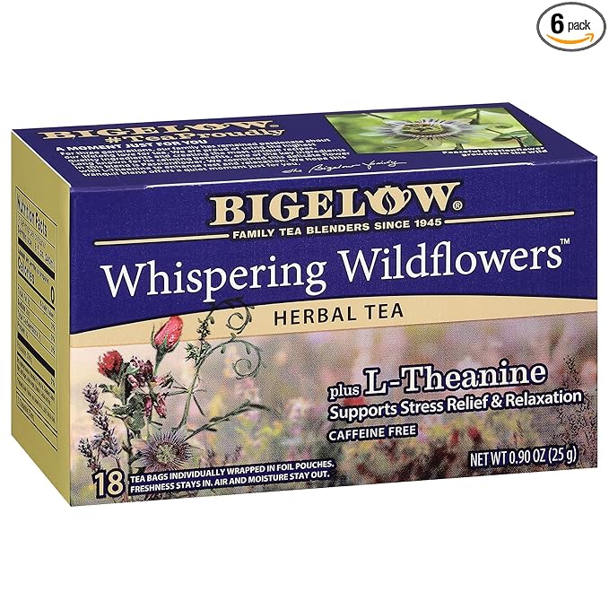 Bigelow Whispering Wildflowers Herbal Tea Plus L-Theanine, Supports Stress Relief & Relaxation, Caffeine-Free, Kosher, Gluten Free & Non-GMO, 18 Tea Bags, 0.9 Ounce (Pack of 6) - Bloomnest