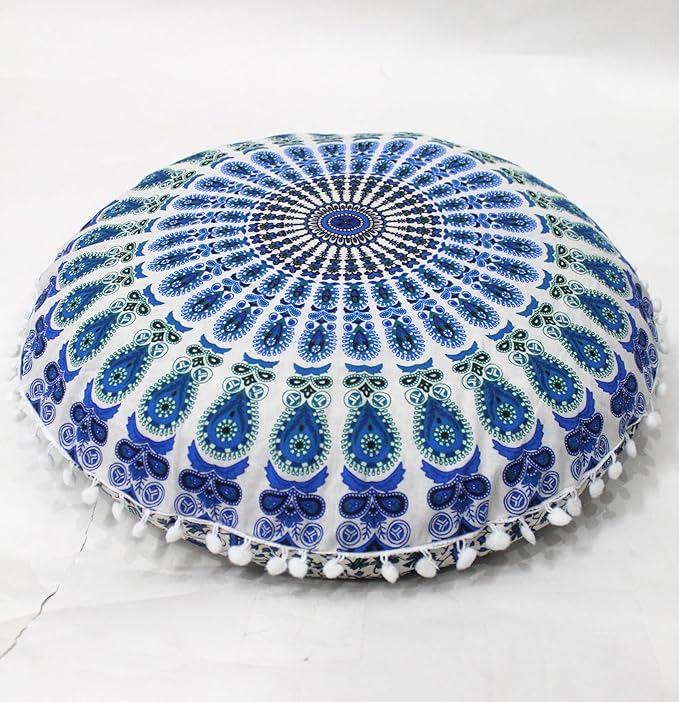 CRAFT KALA Large Round Bohemian Floor Pillow Pouf Cover Mandala Meditation Room Pillow Cover for Adults Boho Seating Poufs Cushion Cover for Kids Playroom 32" Round Green Sky Peacock - Bloomnest