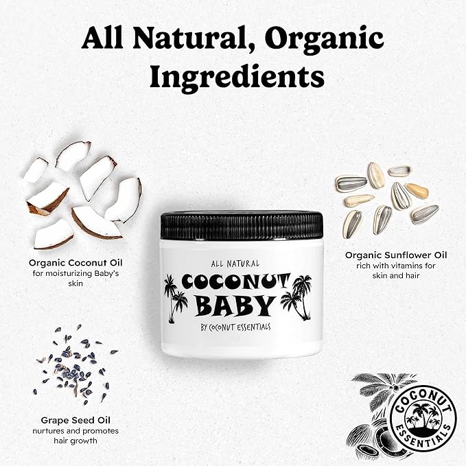 Coconut Essentials Coconut Baby Oil - Natural & Organic Moisturizer, Hair Oil for Cradle Cap Treatment, Newborn Sensitive Skin, Eczema & Psoriasis Relief, Unscented, Sunflower & GrapeSeed 4 floz - Bloomnest