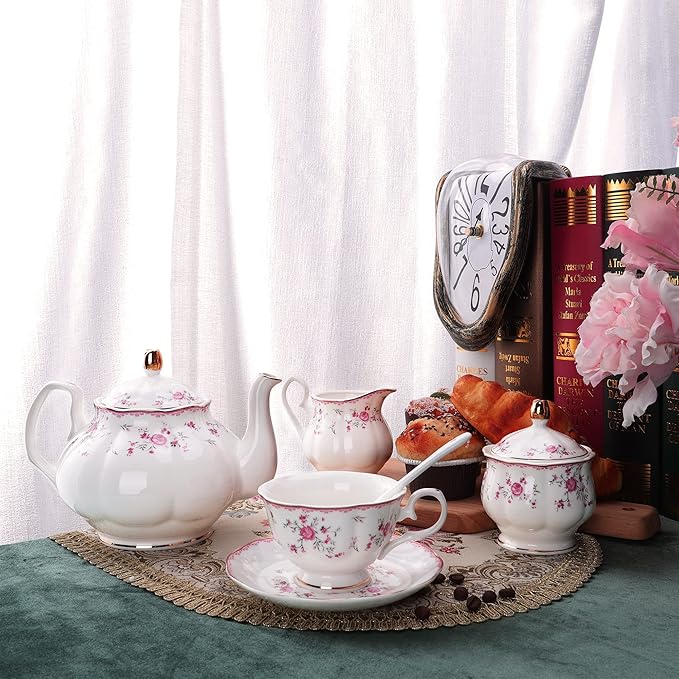 fanquare Vintage Porcelain Tea Set for Women Tea Party, Cup and Saucer Set for 6, Wedding Floral Teapot Set for Adults, Pink Rose - Bloomnest