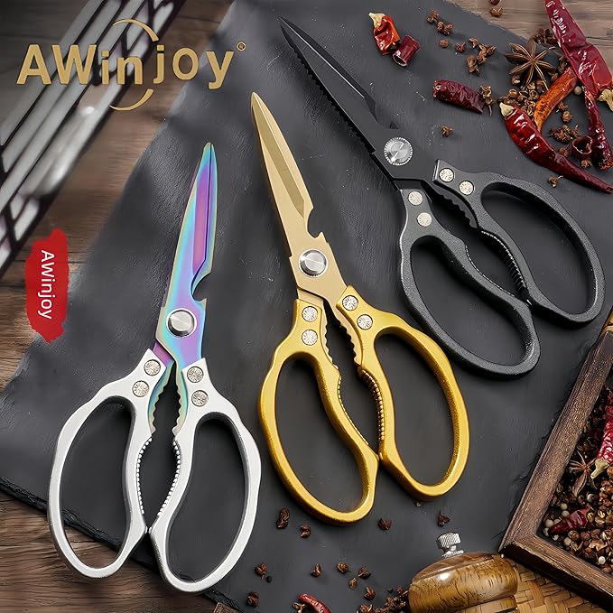 AWinjoy Heavy Duty Sharp Kitchen Scissors - Dishwasher Safe Black Cooking Shears for Meat, Chicken, Fish, Poultry, Herb, Bread (All Black) - Bloomnest