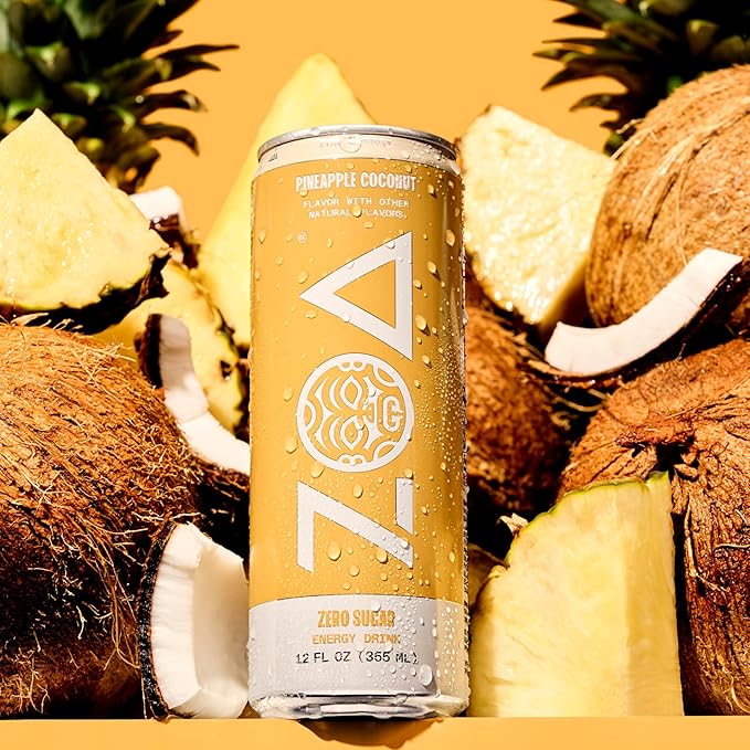 ZOA Zero Sugar Energy Drinks, Pineapple Coconut - Sugar Free with Electrolytes, Healthy Vitamin C, Amino Acids, Essential B-Vitamins, and Caffeine from Green Tea - 12 Fl Oz (12-Pack) - Bloomnest
