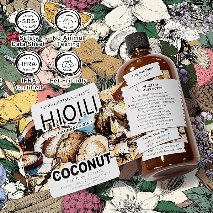 HIQILI Coconut Fragrance Oil for Home Diffuser, Ideal for Making Candle, Soap, Body Spray, Women's Perfume, Creamy Scents - 5.07 Fl Oz - Bloomnest