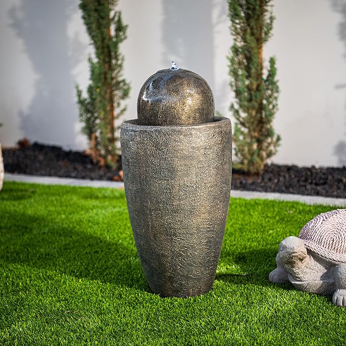 XBrand 25.98" H Round Stone Indoor/Outdoor Modern Stone Textured Sphere Water Fountain w/LED Lights, Bronze - Bloomnest