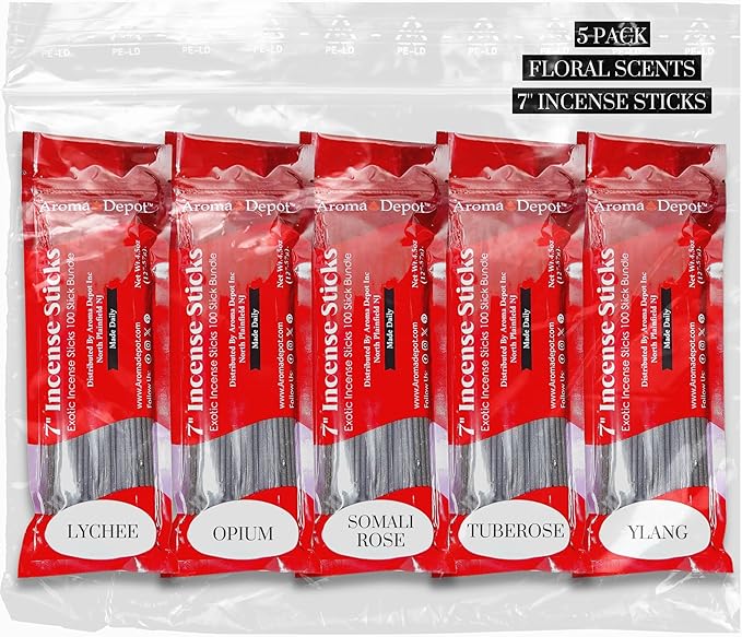 Aroma Depot Floral Scents 7'' Incense Sticks - Variety Set 500 Pack - 7 Inch Long - 5 Bundles of 85-100 Sticks Per Bundle. Set Features Lychee, Opium, Somali Rose, Tuberose, and Ylang AromaDepotInc
