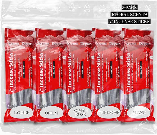 Aroma Depot Floral Scents 7'' Incense Sticks - Variety Set 500 Pack - 7 Inch Long - 5 Bundles of 85-100 Sticks Per Bundle. Set Features Lychee, Opium, Somali Rose, Tuberose, and Ylang AromaDepotInc