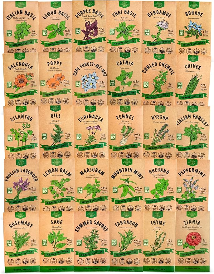 Organo Republic 30 Culinary Herbs & Edible Flower Seed Variety Pack- Indoor/Outdoor. 14000+ Non-GMO Heirloom Flower Seeds: Basil, Borage, Echinacea, Lavender, Oregano, Rosemary Seeds & More - Bloomnest