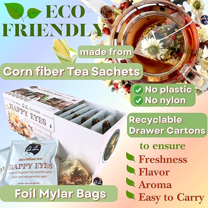 Dr. Lu’s Happy Eyes Tea | 100% Natural Eyebright Tea for Liver Cleanse | Liver Detox tea for Eye Health | Chrysanthemum, Cassia Seed, Goji Berry 8 Premium Herbs in Corn Fiber Pyramid Bags | Made in US - Bloomnest