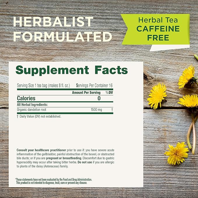 Traditional Medicinals Organic, Roasted, Dandelion Root Tea - Supports Normal Detox + Digestion - Kosher, Non-GMO, Caffeine-Free, Compostable - 16 Tea Bags (Pack of 2) - Bloomnest
