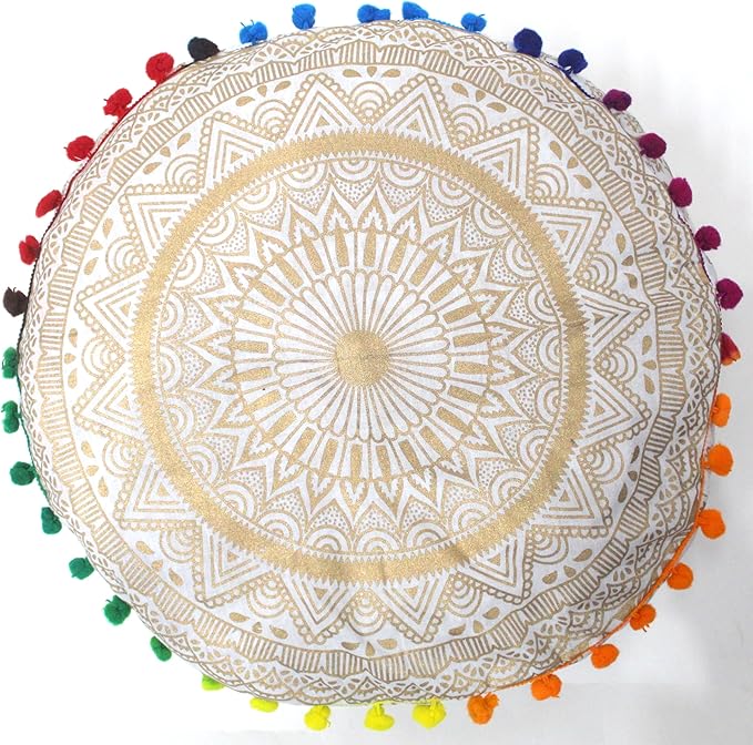 ICC Floor Pillows & Cushion covers Decorative Hippie Mandala Pouf Pillow covers Seating Meditation Cushion Cover Large Boho Ottoman Case Pillowcase Couch White Gold Matellic 16" Round - Bloomnest