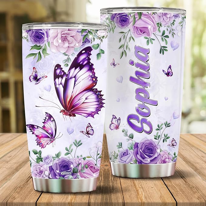 Personalized Purple Butterfly Coffee Mugs For Girls Mom Women Adults Butterflies Lovers Water Bottle Travel Mug Mothers Day Birthday Christmas Valentine 20oz Stainless Steel Cup With Lid - Bloomnest