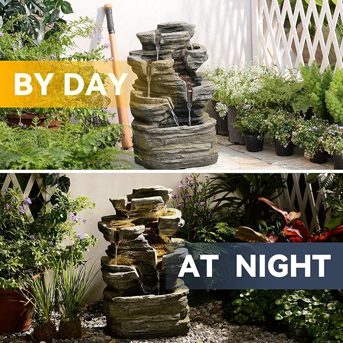 24.2" H Rock Cascading Water Fountain Outdoor&Indoor, 6-Tier Garden Naturefalls Fountains, Floor-Standing Waterfall with Lights for Patio, Backyard, Deck, Porch, Home DéCor, Stone Gray - Bloomnest