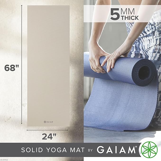 Gaiam Yoga Mat - Premium 5mm Solid Thick Non Slip Exercise & Fitness Mat for All Types of Yoga, Pilates & Floor Workouts (68" x 24" x 5mm) - Bloomnest
