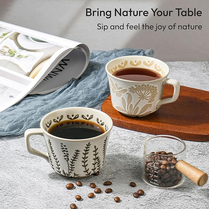 Ceramic Coffee Mug, 12 oz Novelty Unique Teacup with Handle, Stoneware Cup for Tea Mocha Latte Cappuccino Espresso (Set of 4, Butterfly Grass Ivy and Leaf) - Bloomnest