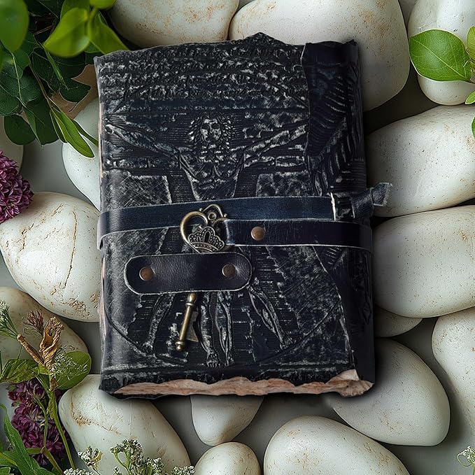 LEATHER VILLAGE Genuine Leather Handmade Journal for Men & Women – Vitruvian Man Embossed Cover – Key Closure – Book of Shadow – Vintage Deckle Edge Paper for Writing, Drawing – 7x5 Inches – Turquoise - Bloomnest