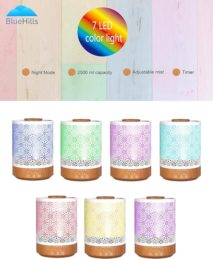 BlueHills 2500 ML Humidifier with Essential Oil Diffuser Combo Aroma Home Décor Design for Large Bed Bath Kids Baby Living Rooms Big Capacity LED Lights Scent Ultrasonic Cool Mist Wood Grain F006 - Bloomnest