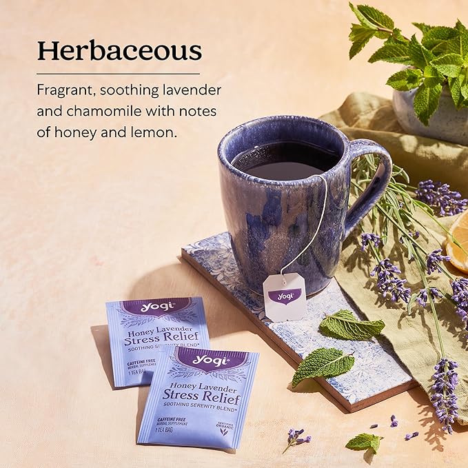 Yogi Tea Honey Lavender Stress Relief Tea - 16 Tea Bags per Pack (6 Packs) - Organic Chamomile Lavender Tea - Includes Lemon Balm, Lemongrass, Spearmint Leaf, Peppermint Leaf, Honey Flavor & More - Bloomnest