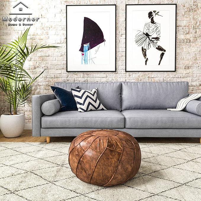 Moderner Faux Leather Pouf Unstuffed Ottoman Moroccan Footstool, Floor Footrest Cushion, Storage Solution - Natural Brown Color (Mocha, Round) - Bloomnest
