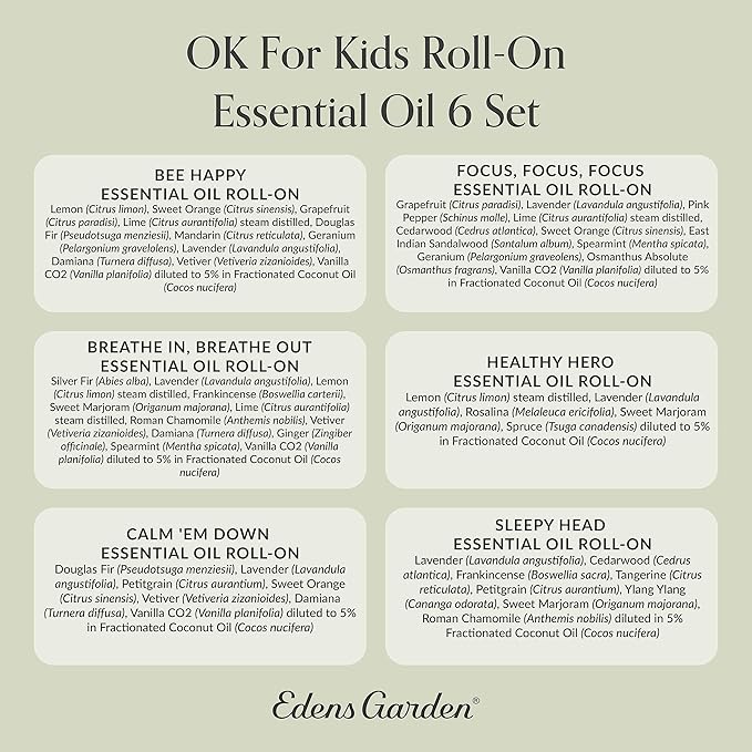 Edens Garden OK for Kids Essential Oil Roll-On 6 Set – 100% Pure Therapeutic Grade, Natural Aromatherapy Blends for Calm, Gentle & Gentle Skin Care – Pre-Diluted & Ready to Use, 10 ml Roll-On/ 6 Pack - Bloomnest