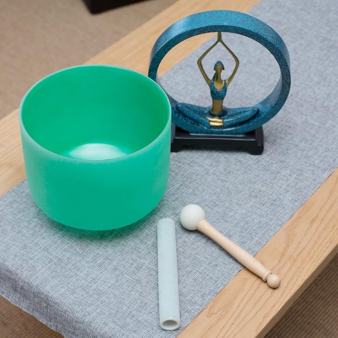 Leize Quartz Crystal Singing Bowl F Note 432 hz Heart Chakra Green 9" with Suede Striker - Bloomnest
