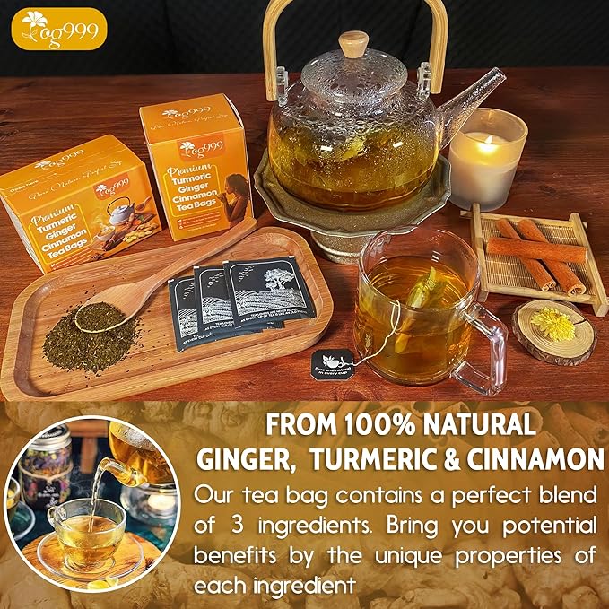 TOG999, Premium 15 Tea Bags Turmeric, Ginger, Cinnamon, 100% Natural, Hand-made Blend of Turmeric, Ginger, and Cinnamon Herbal Tea. Eco-conscious Tea Bags. No Sugar, No Caffeine, No Gluten, Vegan. - Bloomnest