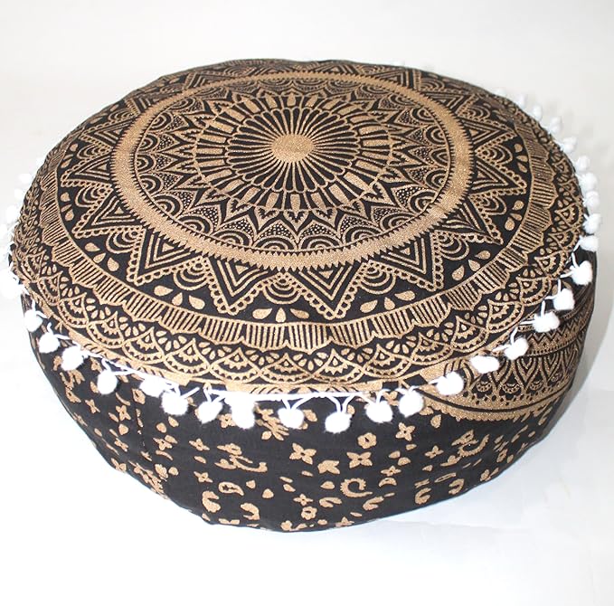 INDIAN CRAFT CASTLE ICC Mandala Barmeri Large Floor Pillow Cover Cushion Meditation Seating Ottoman Throw Cover Hippie Decorative Zipped Bohemian Pouf Ottoman Cases Black Gold, 18" Round - Bloomnest
