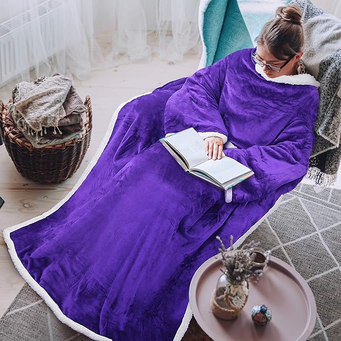 Tirrinia Sherpa Wearable Blanket With Sleeves, Full Body Throw Reading Wrap TV Blankets - Bloomnest