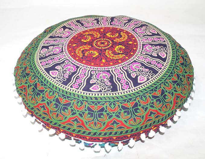 CRAFT KALA 22" Bohemian Floor Pillow Pouf Cover Mandala Boho Large Round Meditation Room Pillow Covers for Adults Seating Poufs Cushion Cover for Kids Playroom Multi 6 Color - Bloomnest
