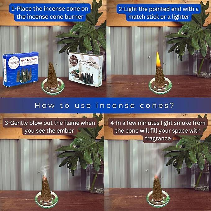 TRUMIRI Incense Cones - Combo Pack of 20 Cone Incense - 10 Nag Champa + 10 Sandalwood - Insence Cones - Incense Cones Scented - Cone Incense Scents - Insense Cones - Incent Cone TRUMIRI