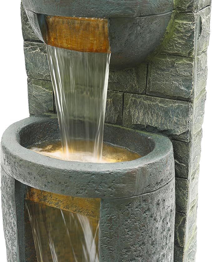 Alpine Corporation TZL384 Outdoor 3 Tier Water Fountain with LED Lights for Garden, Patio, Lawn and Yard Spaces, 51" H, Gray - Bloomnest