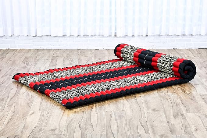 Leewadee - Kapok Roll Mat – Handcrafted Folding Sleep & Relaxation Mattress from Thailand, Ideal as Guest Bed, Camping Mat, Yoga Mat or Traditional Futon, 75 x 39 inches, Black Red - Bloomnest