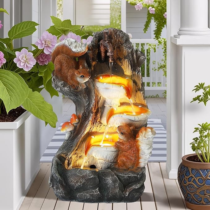 MAGIC UNION Outdoor Water Fountain, Garden Decor Outside Indoor Waterfall Cascading Rock Fountain with Retro Decorative Faucet, Patio Resin Fountains for Yard, Deck, Porch and Home, Imitation Stump - Bloomnest