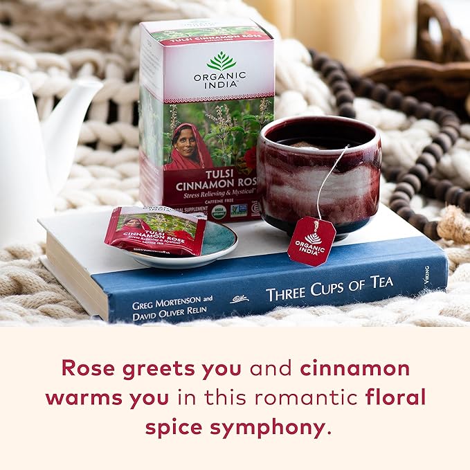 Organic India Tulsi Cinnamon Rose Herbal Tea - Holy Basil, Stress Relieving & Mystical, Immune Support, USDA Certified Organic, Supports Sugar Metabolism, Caffeine-Free - 18 Infusion Bags, 6 Pack - Bloomnest