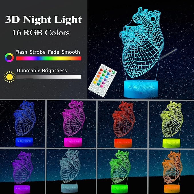Heart Anatomy Illusion Lamp, Cardiology Gifts, 3D Night Light, 16 Colors Changing, Timer, 4 Flash Modes and Dimmable, Kids Room Decoration, Xmas Heart Model Gifts - Bloomnest
