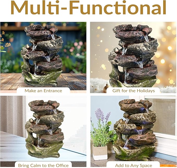 Sunnydaze Tabletop Water Fountain - Relaxing Indoor Desktop Water Feature - Rock Fountain with LED Lights - Office, Bedroom, Living Room