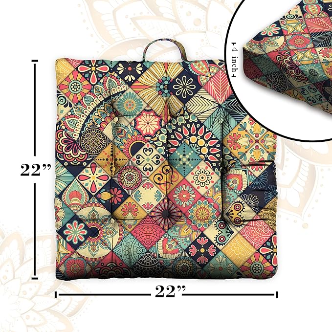 Mandala Meditation Cushion, Boho Meditation Mat, Meditation Pillows for Sitting on Floor, Cushions for Sitting in Home and Outdoor, Square Floor Pillows Cushion Seating for Yoga 22'' X 22'' - Bloomnest