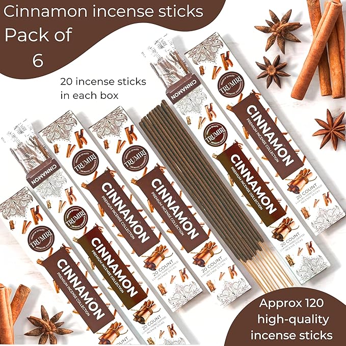 Cinnamon Incense Sticks - Incienso de Canela - Total 120 Insence-Sticks - 6 Packs of 20 Insense - Inciensos - Inscents - Natural Non Toxic Ingredients - Incents - Incence - Inscense TRUMIRI