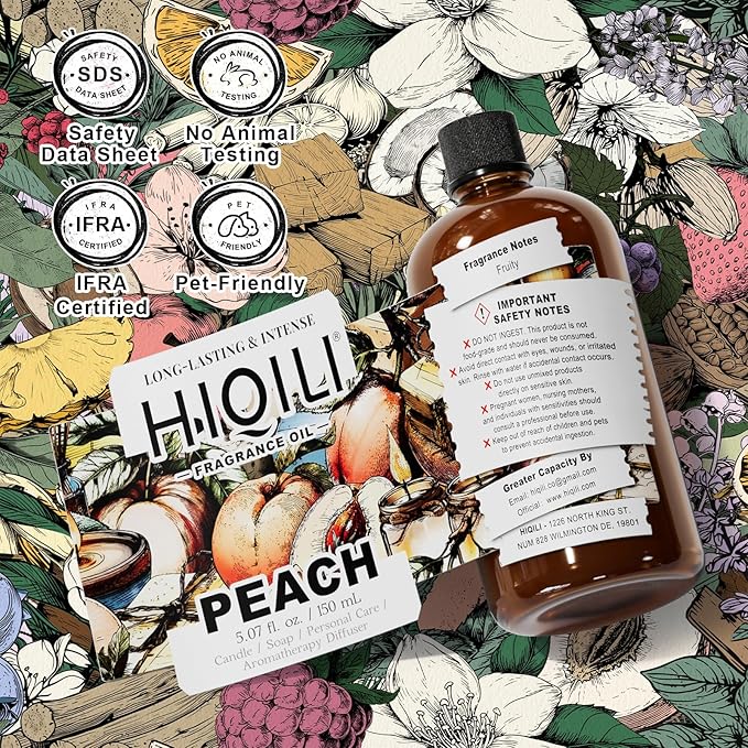HIQILI Peach Fragrance Oil for Home Diffuser, DIY Candle, Linen & Room Freshener Spray Making, Juicy Fruit Scents - 5.07 Fl Oz HIQILI