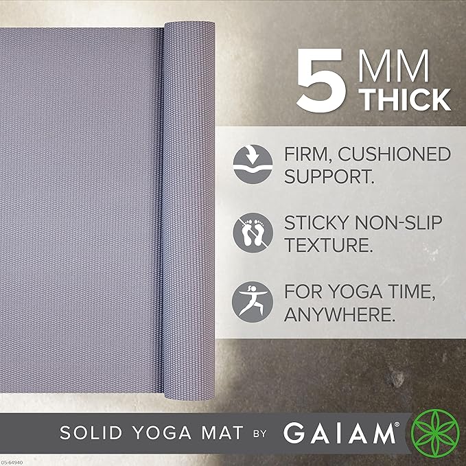 Gaiam Yoga Mat - Premium 5mm Solid Thick Non Slip Exercise & Fitness Mat for All Types of Yoga, Pilates & Floor Workouts (68" x 24" x 5mm) - Bloomnest