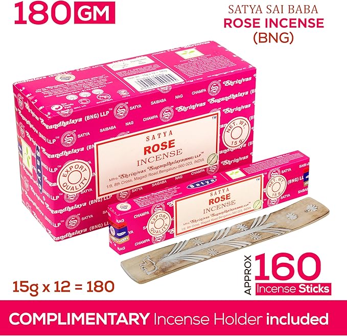Satya Rose Incense Sticks, Satya Bng Insenses 15gmx12 Pack with Raajsee Incense Holder Bundle, Satya Nagchampa Natural Incense - Bloomnest