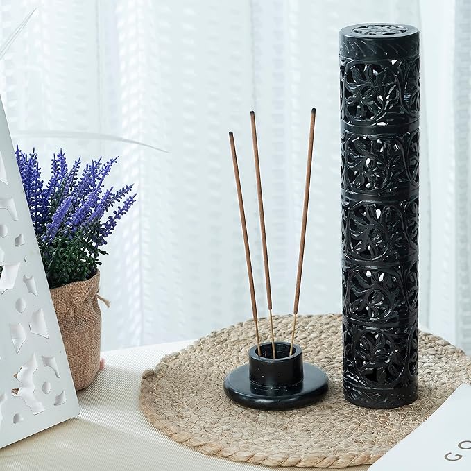 Crocon Handmade Black Marble Soapstone Incense Stick Burner Round Shape Elephant Tower Burner | Incense Cone & Candle Stick Holder | Decorative Home & Kitchen | Living Room Decor | Best Gift Set