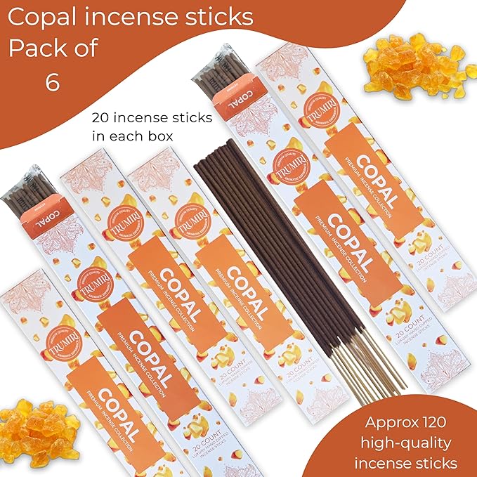 Copal Incense Sticks - Total 120 Insence-Sticks - 6 Packs of 20 Insense - Inciensos - Inscents - Natural Non Toxic Ingredients - Incents - Incence - Inscense - Insents TRUMIRI