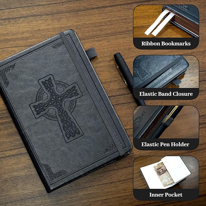 CAGIE Leather Lined Journal Notebook for Men & Women, Debossed Cross, 320 Pages 100 GSM Thick Paper, A5 Hardcover Journaling Notebooks for Writing, 5.7'' X 8.3'' Diary, Grey - Bloomnest
