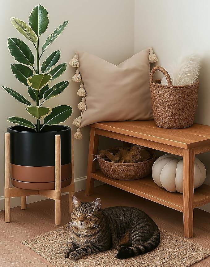 D'vine Dev Ceramic Planter with Natural Stand - 12 Inch Modern Round Flower Pot with Wood Planter Holder, Black/Speckled Tan, 55-B-J-7 - Bloomnest