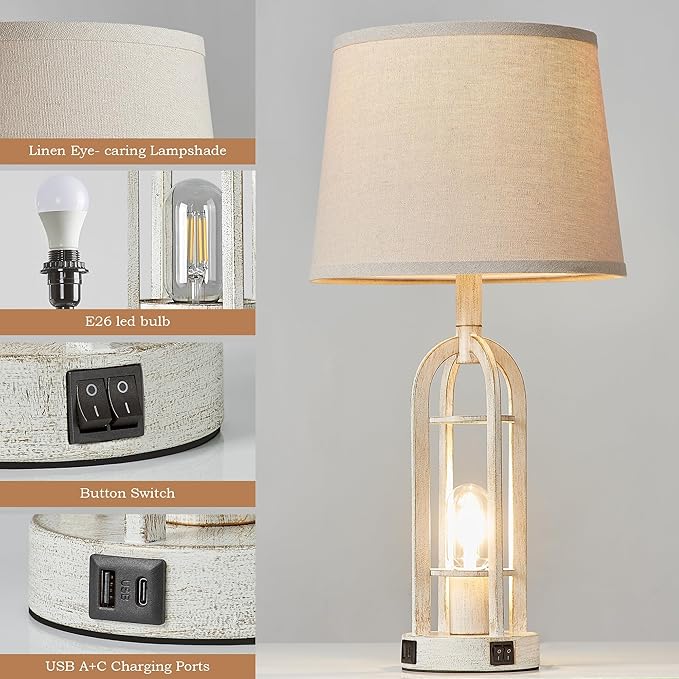 Farmhouse Table Lamps for Living Room Set of 2 - Rustic Industrial Bedside Lamps for Bedroom Nightstand with Nightlight and USB A+C, 4 Bulbs Included - Bloomnest