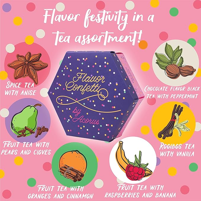 ACORUS | Flavor Confetti Tea Assortment | Natural Fruit and Herbal Tea Gift Set | Celebrate with 6 Different Flavors | Large Selection Tea Set | Tea Box For Various Occasions - 60 Tea Bags - Bloomnest